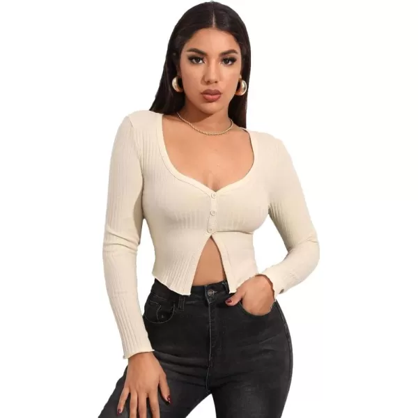 LYANER Women's Button Front V Neck Long Sleeve Slit Hem Ribbed Knit Crop T-Shirt Tee Top