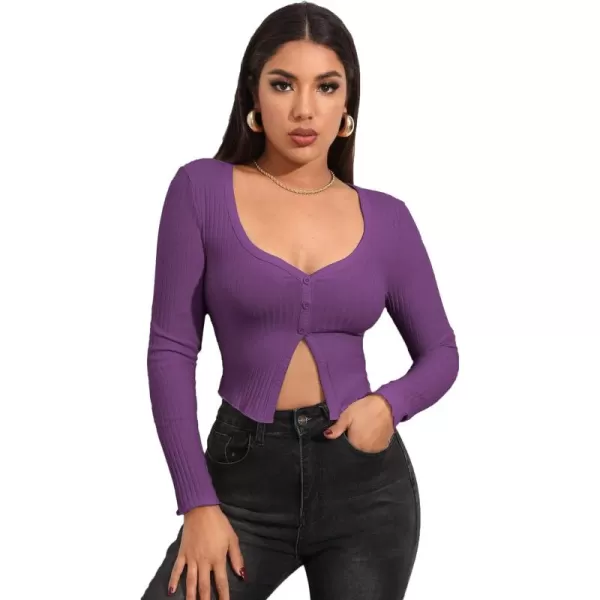 LYANER Women's Button Front V Neck Long Sleeve Slit Hem Ribbed Knit Crop T-Shirt Tee Top