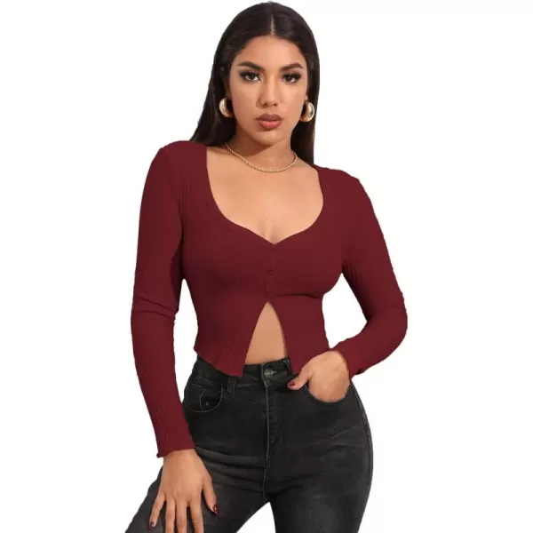 LYANER Women's Button Front V Neck Long Sleeve Slit Hem Ribbed Knit Crop T-Shirt Tee Top