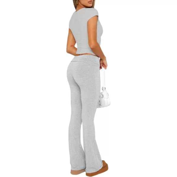 LYANER Women's Casual 2 Piece Outfits Short Sleeve Crop Top Fold Over Flare Pants Y2K Tracksuits Pajama Lounge Sets