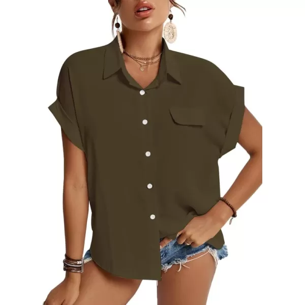 LYANER Women's Casual Collared Rolled Up Cap Sleeves Button Down Work Blouse Shirt Tops