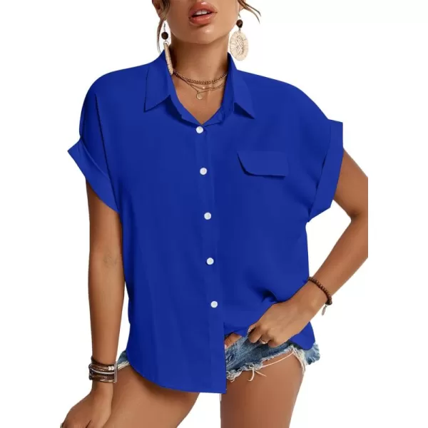 LYANER Women's Casual Collared Rolled Up Cap Sleeves Button Down Work Blouse Shirt Tops