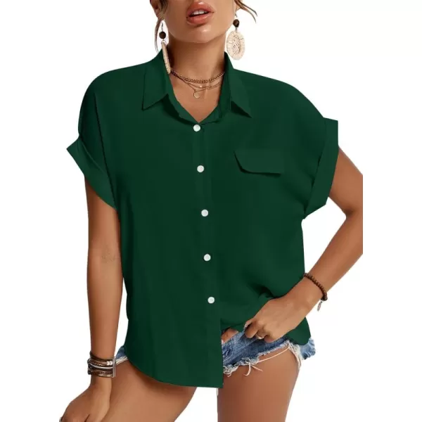 LYANER Women's Casual Collared Rolled Up Cap Sleeves Button Down Work Blouse Shirt Tops