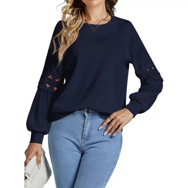 LYANER Women's Casual Crewneck Hollow Out Lace Crochet Sweatshirt Lantern Long Sleeve Pullover Tops