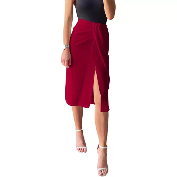 LYANER Women's Casual Draped Ruched Front High Waist Split Slit Hem Midi Skirt
