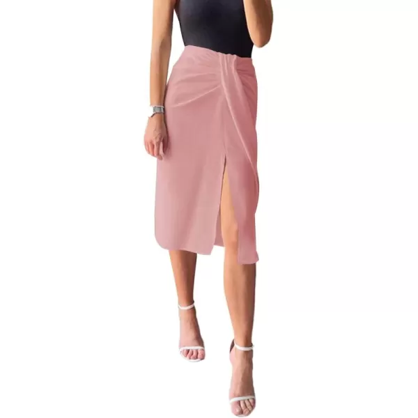 LYANER Women's Casual Draped Ruched Front High Waist Split Slit Hem Midi Skirt