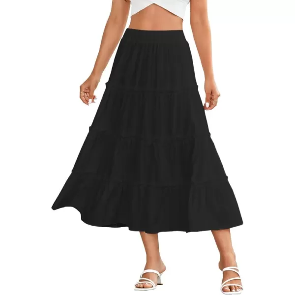 LYANER Women's Casual Elastic High Waist Layer Ruffle A Line Swing Long Maxi Skirt