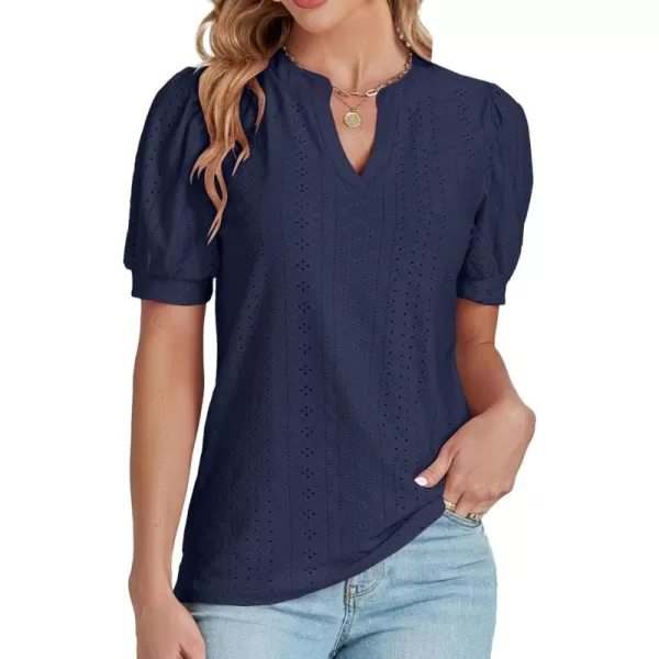 LYANER Women's Casual Eyelet V Neck Puff Short Sleeve Shirt Blouse Tunic Top
