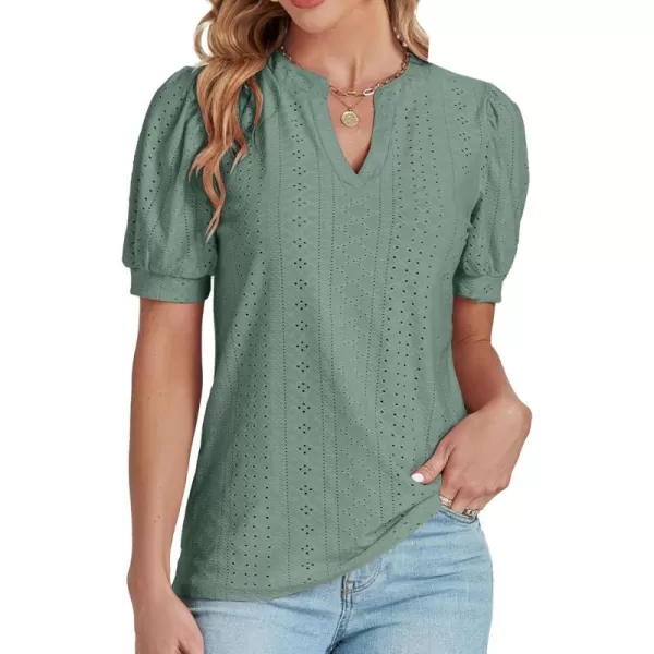 LYANER Women's Casual Eyelet V Neck Puff Short Sleeve Shirt Blouse Tunic Top