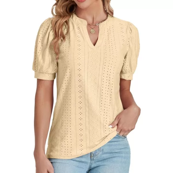 LYANER Women's Casual Eyelet V Neck Puff Short Sleeve Shirt Blouse Tunic Top