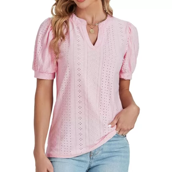 LYANER Women's Casual Eyelet V Neck Puff Short Sleeve Shirt Blouse Tunic Top