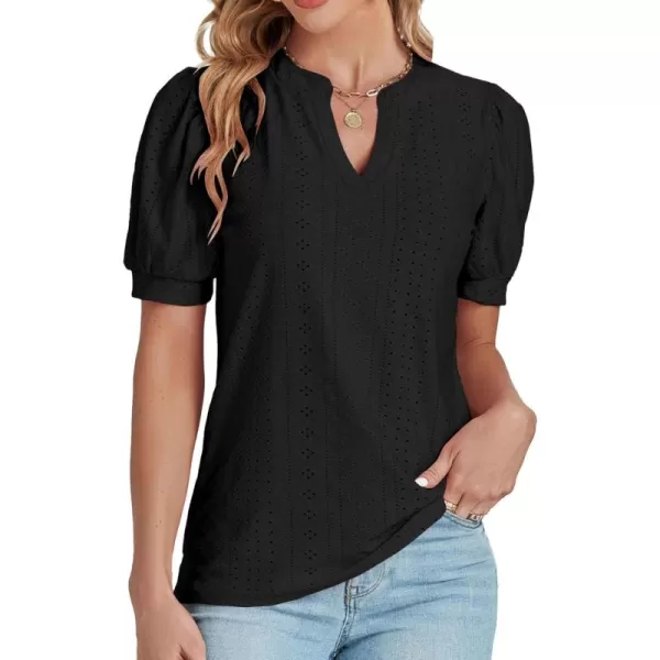 LYANER Women's Casual Eyelet V Neck Puff Short Sleeve Shirt Blouse Tunic Top