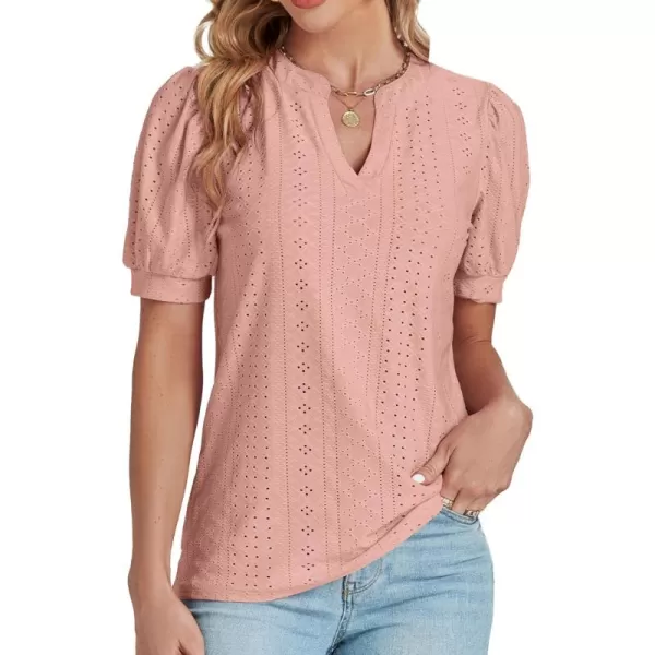 LYANER Women's Casual Eyelet V Neck Puff Short Sleeve Shirt Blouse Tunic Top