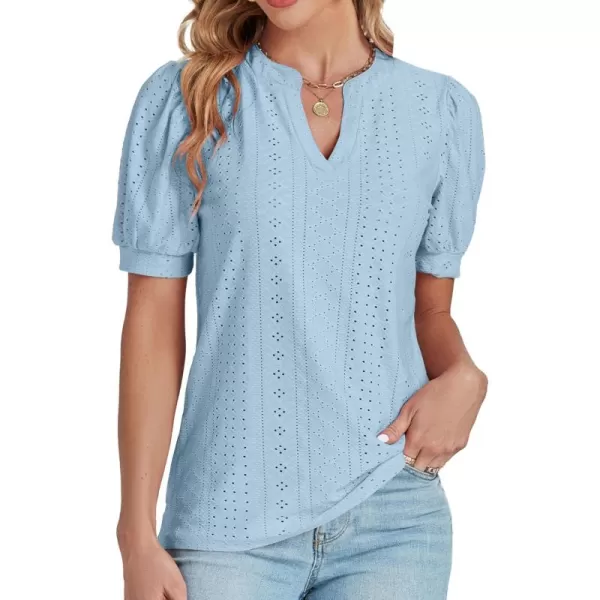 LYANER Women's Casual Eyelet V Neck Puff Short Sleeve Shirt Blouse Tunic Top