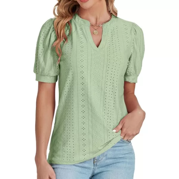 LYANER Women's Casual Eyelet V Neck Puff Short Sleeve Shirt Blouse Tunic Top