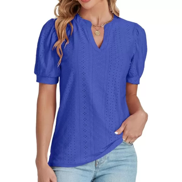 LYANER Women's Casual Eyelet V Neck Puff Short Sleeve Shirt Blouse Tunic Top