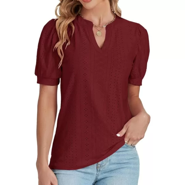 LYANER Women's Casual Eyelet V Neck Puff Short Sleeve Shirt Blouse Tunic Top