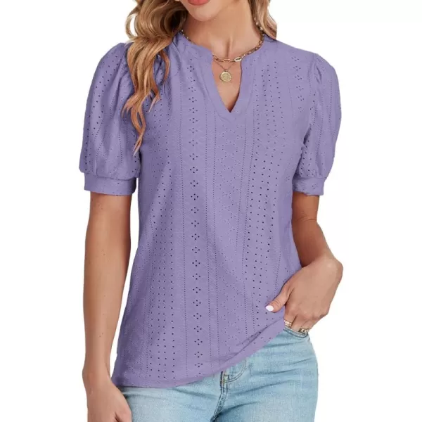 LYANER Women's Casual Eyelet V Neck Puff Short Sleeve Shirt Blouse Tunic Top