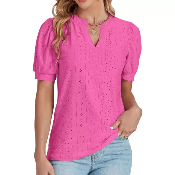 LYANER Women's Casual Eyelet V Neck Puff Short Sleeve Shirt Blouse Tunic Top