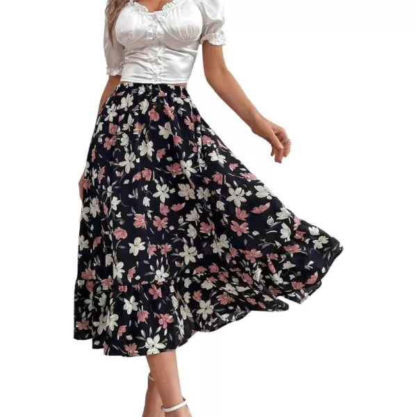 LYANER Women's Casual Floral Print Elastic High Waist Flowy Hem Midi Skirt