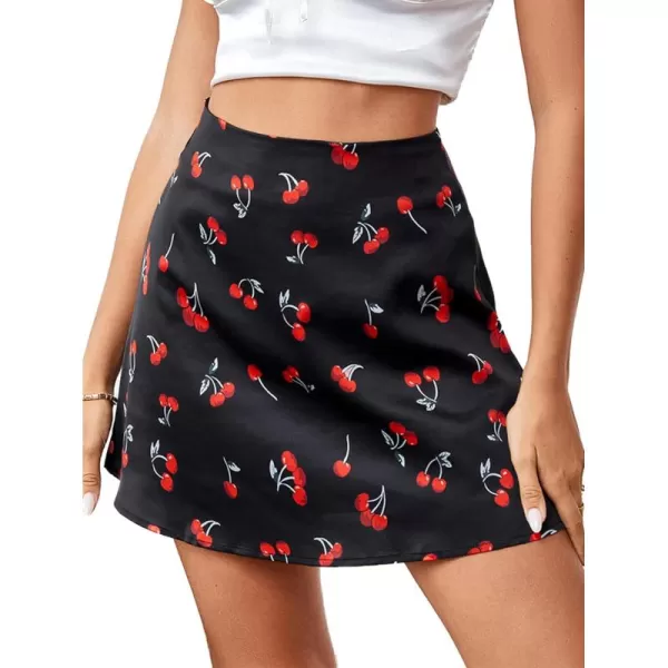 LYANER Women's Casual Floral Print Satin Silk High Waist Zipper Mini Short Skirt