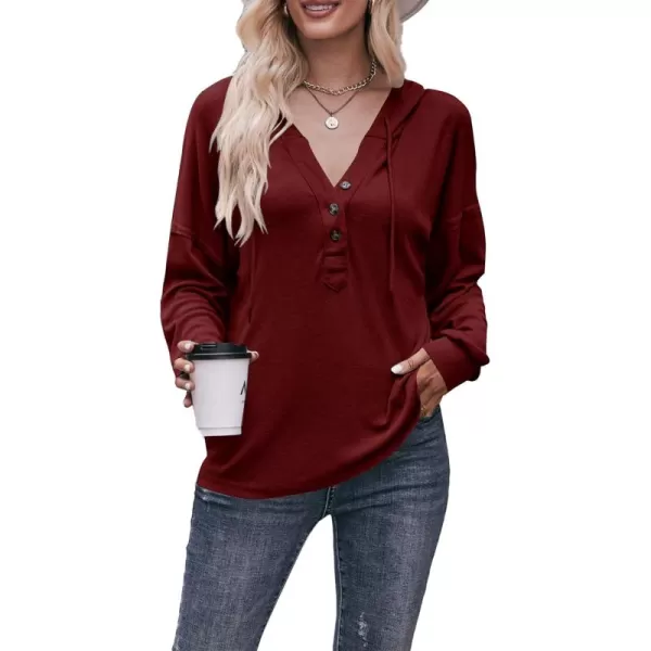 LYANER Women's Casual Hooded Sweatshirt Button V Neck drawstring Long Sleeve Hoodies Sweater Pullover