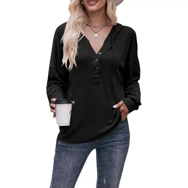 LYANER Women's Casual Hooded Sweatshirt Button V Neck drawstring Long Sleeve Hoodies Sweater Pullover