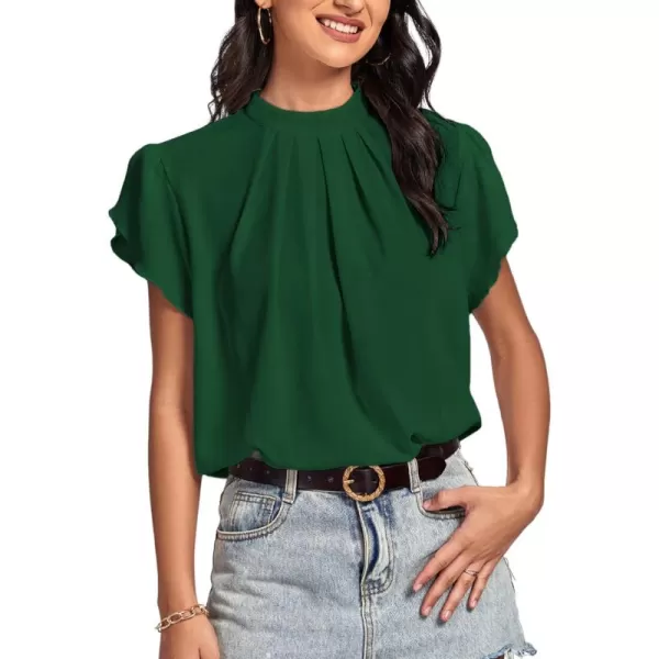 LYANER Women’s Casual Mock Neck Basic Pleated Wrap Short Sleeve Curved Keyhole Back Blouse Shirt Top