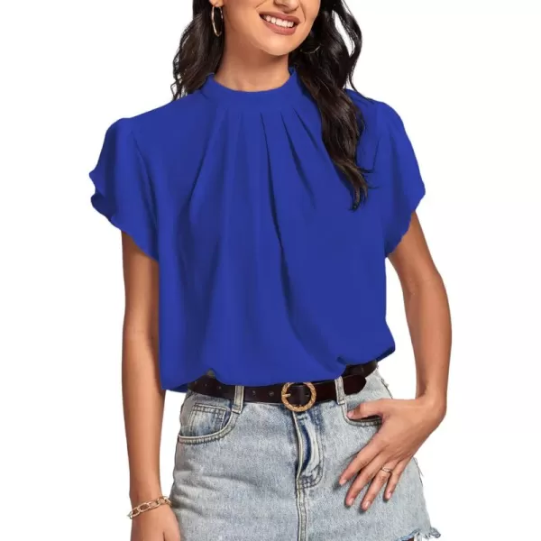 LYANER Women’s Casual Mock Neck Basic Pleated Wrap Short Sleeve Curved Keyhole Back Blouse Shirt Top