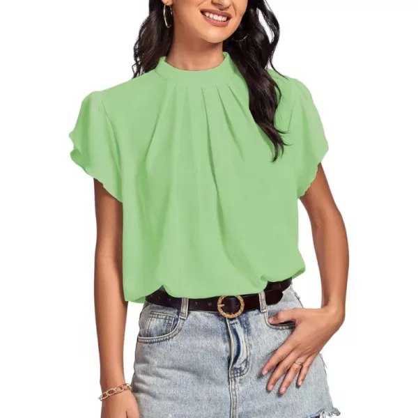 LYANER Women’s Casual Mock Neck Basic Pleated Wrap Short Sleeve Curved Keyhole Back Blouse Shirt Top