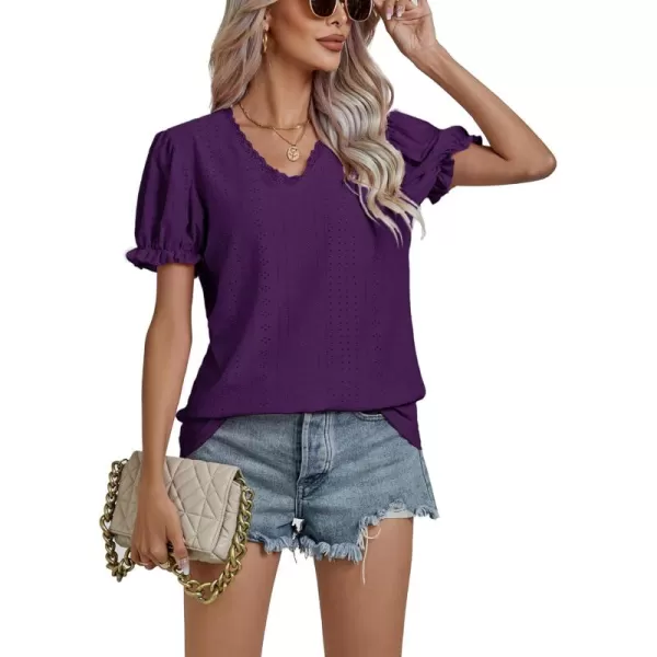 LYANER Women's Casual Puff Short Sleeve Lace Trim Eyelet V Neck Shirt Blouse Tunic Top