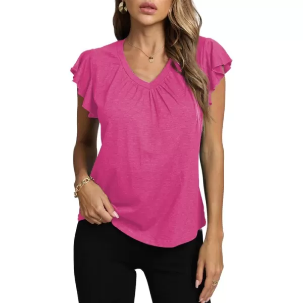 LYANER Women's Casual Ruffle Cap Sleeve V Neck Pleated Front Shirt Blouse Tunic Top