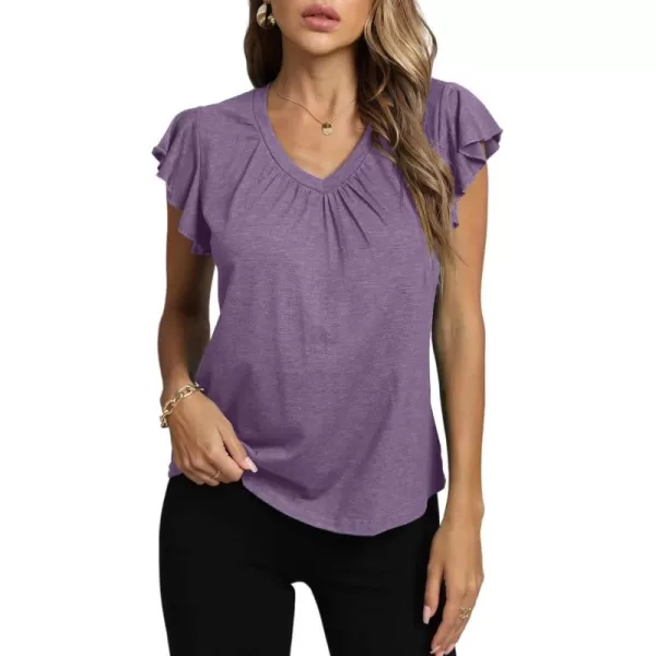 LYANER Women's Casual Ruffle Cap Sleeve V Neck Pleated Front Shirt Blouse Tunic Top