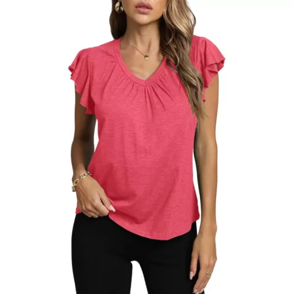 LYANER Women's Casual Ruffle Cap Sleeve V Neck Pleated Front Shirt Blouse Tunic Top
