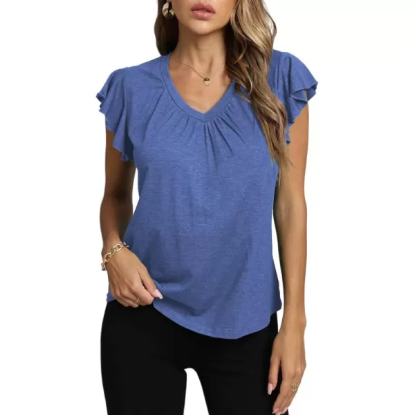 LYANER Women's Casual Ruffle Cap Sleeve V Neck Pleated Front Shirt Blouse Tunic Top