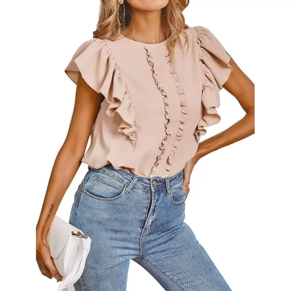 LYANER Women's Casual Ruffle Trim Short Sleeve Round Neck Blouse Shirt Top