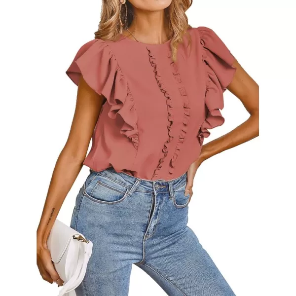 LYANER Women's Casual Ruffle Trim Short Sleeve Round Neck Blouse Shirt Top