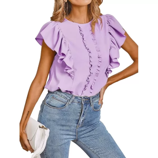 LYANER Women's Casual Ruffle Trim Short Sleeve Round Neck Blouse Shirt Top