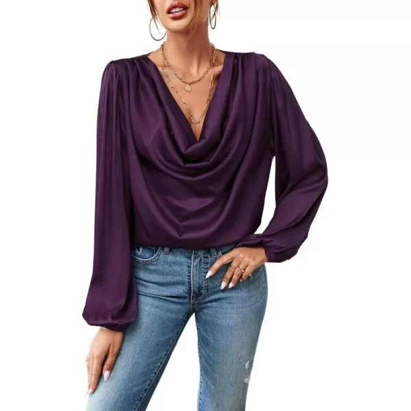 LYANER Women's Casual Satin Silky Draped Cowl Neck Ruched Long Sleeve Blouse Shirt Top