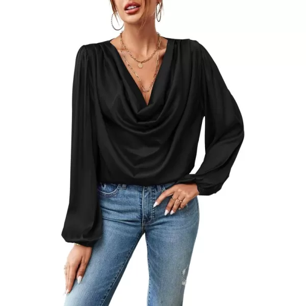 LYANER Women's Casual Satin Silky Draped Cowl Neck Ruched Long Sleeve Blouse Shirt Top
