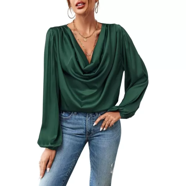 LYANER Women's Casual Satin Silky Draped Cowl Neck Ruched Long Sleeve Blouse Shirt Top