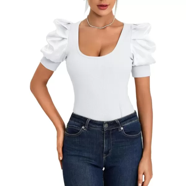 LYANER Women's Casual Scoop Neck Satin Puff Short Sleeve Ribbed Top Blouse Tee Shirt