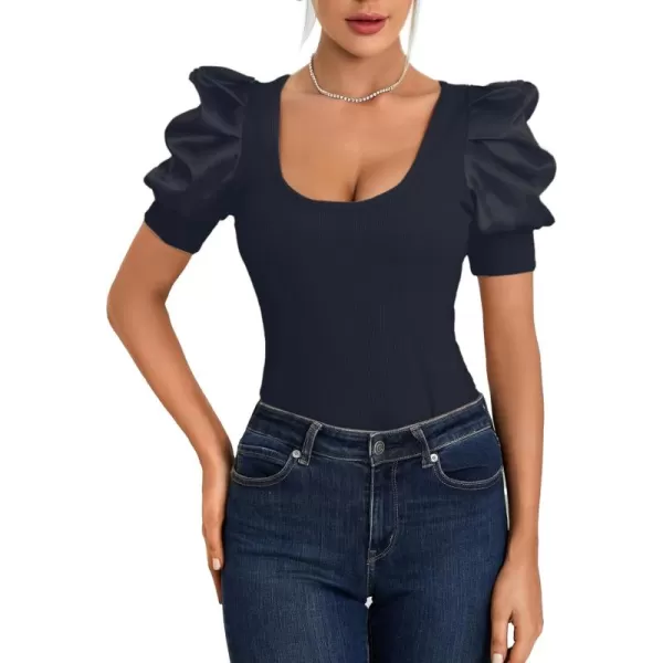 LYANER Women's Casual Scoop Neck Satin Puff Short Sleeve Ribbed Top Blouse Tee Shirt