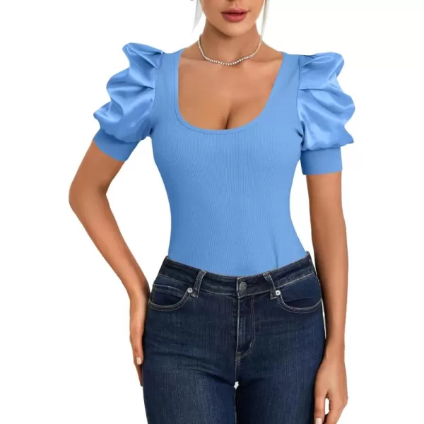 LYANER Women's Casual Scoop Neck Satin Puff Short Sleeve Ribbed Top Blouse Tee Shirt