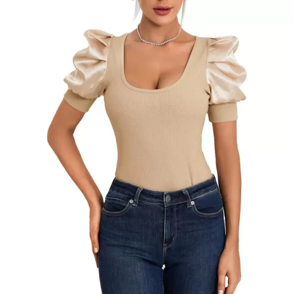 LYANER Women's Casual Scoop Neck Satin Puff Short Sleeve Ribbed Top Blouse Tee Shirt