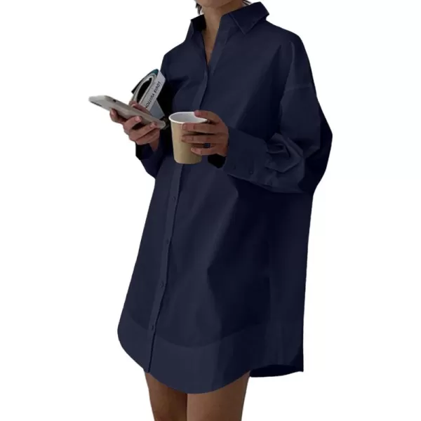LYANER Women's Casual Shirt Dress Collar V Neck Button Down Loose Long Sleeve Mini Dresses