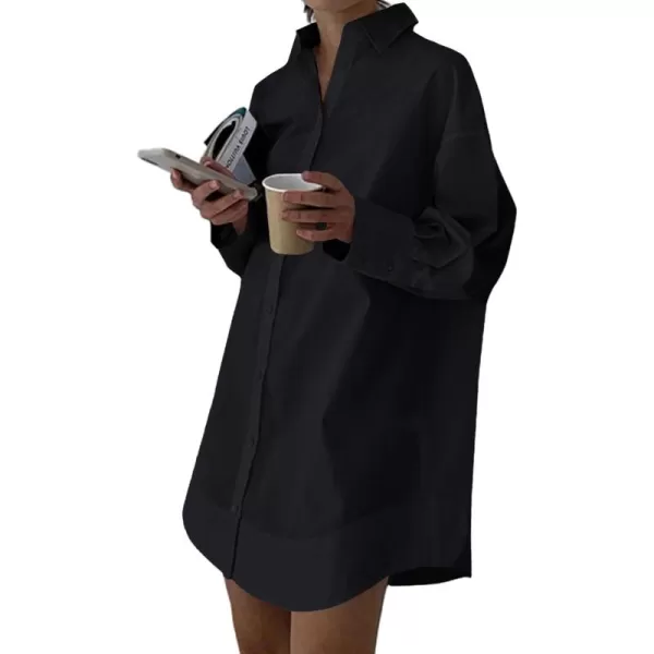 LYANER Women's Casual Shirt Dress Collar V Neck Button Down Loose Long Sleeve Mini Dresses