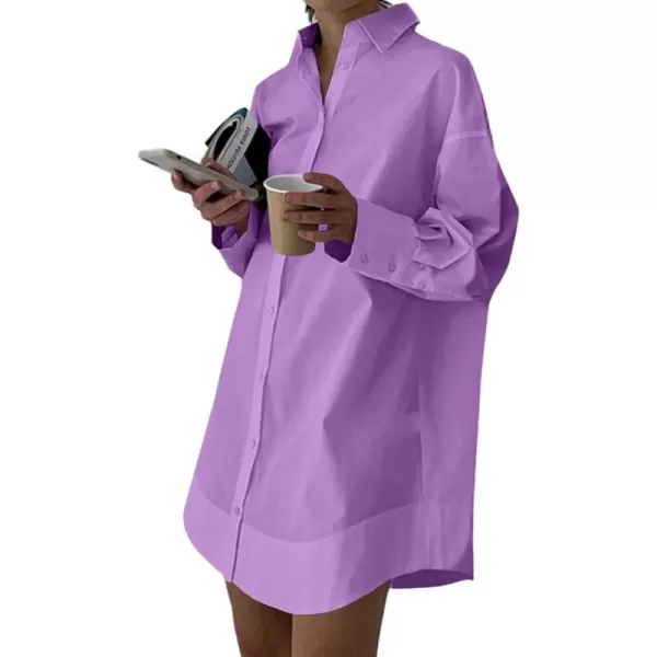 LYANER Women's Casual Shirt Dress Collar V Neck Button Down Loose Long Sleeve Mini Dresses