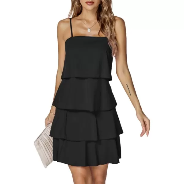 LYANER Women’s Casual Sleeveless Tiered Ruffle Mini Dress Spaghetti Straps A Line Layered Cami Short Dress