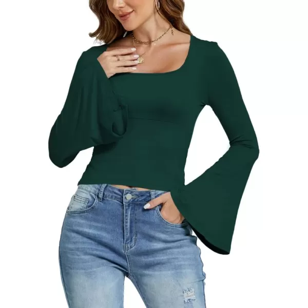LYANER Women's Casual Solid Square U Neck Bell Long Sleeve Skinny Tee Shirt Top